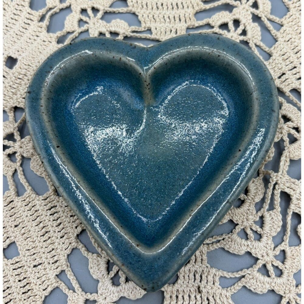 90s Vintage Blue Heart Trinket Dish Studio Owens Pottery Signed